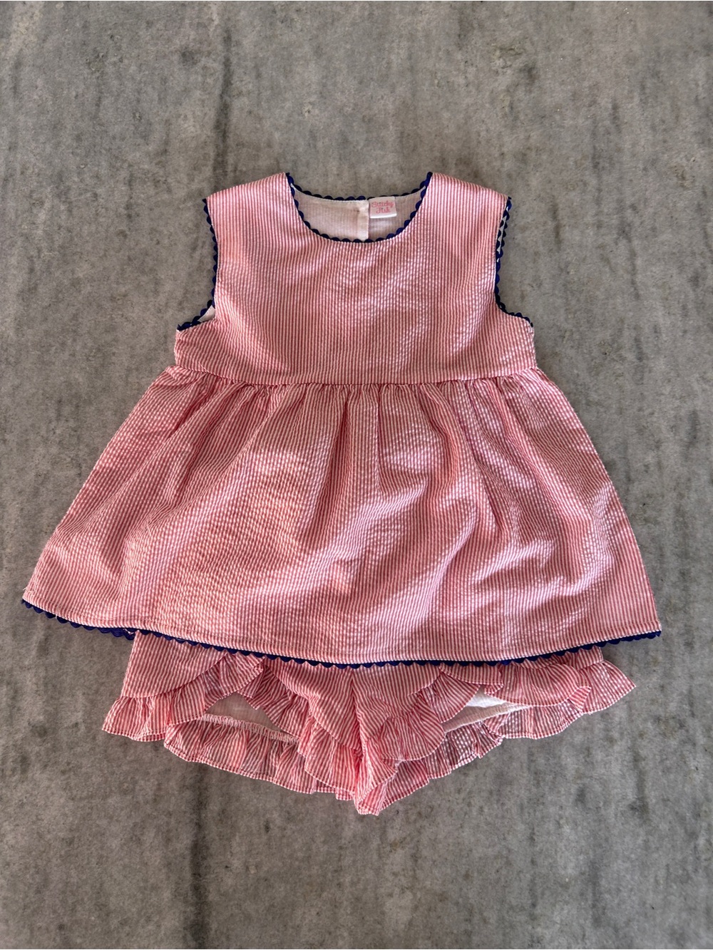 Stitchy Fish Red Seersucker Shirts Set with Navy Trim Size 5